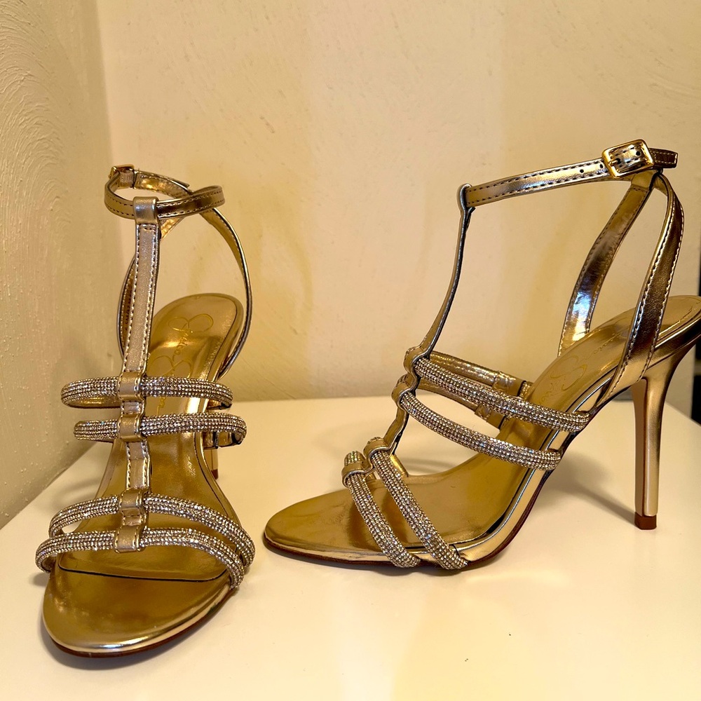 Jessica Simpson Tiannah Rhinestone Stiletto Sandals in Champagne Gold